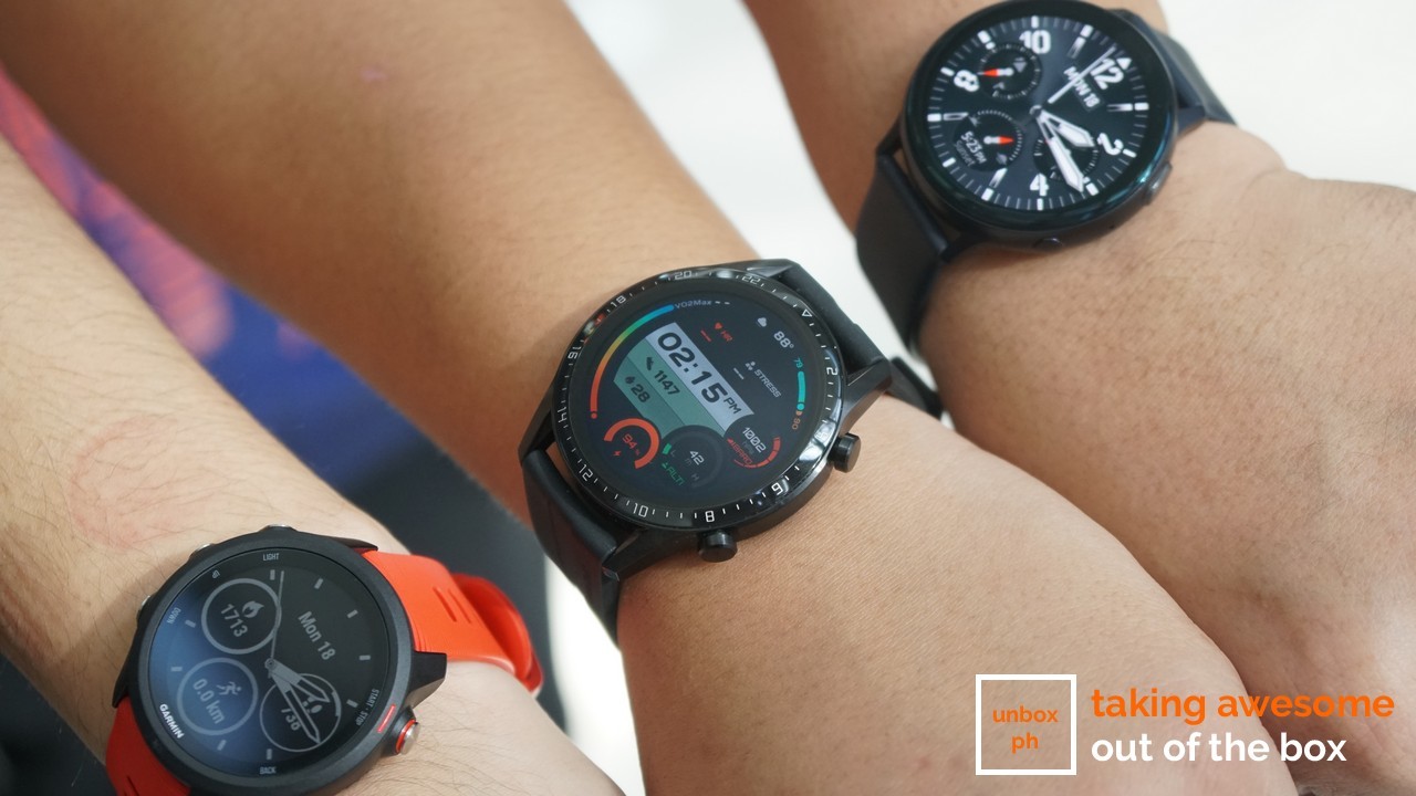 I navnet kubiske Myrde Three-way Smartwatch Comparo: Huawei Watch GT 2 VS Samsung Galaxy Watch  Active 2 VS Garmin Forerunner 245 Music - UNBOX PH