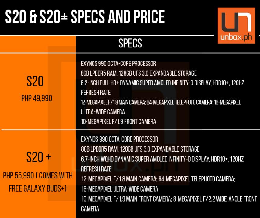 samsung galaxy s20 and s20+ price and specs philippines infographic