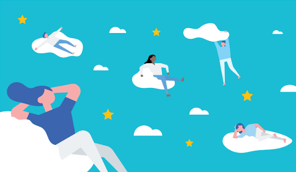 graphic of people relaxing on clouds