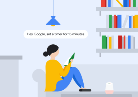 graphic of a woman using google assistant to set a timer for 15 minutes