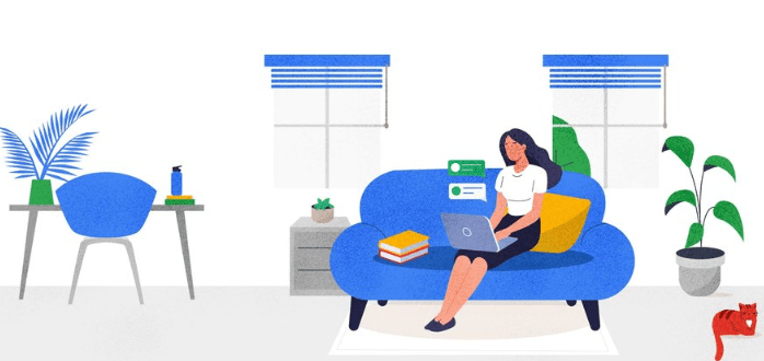 graphic of a woman using a laptop sitting on a couch
